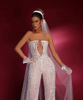 Sexy Strapless Sleeveless White Sequins Jump Suit With Gloves